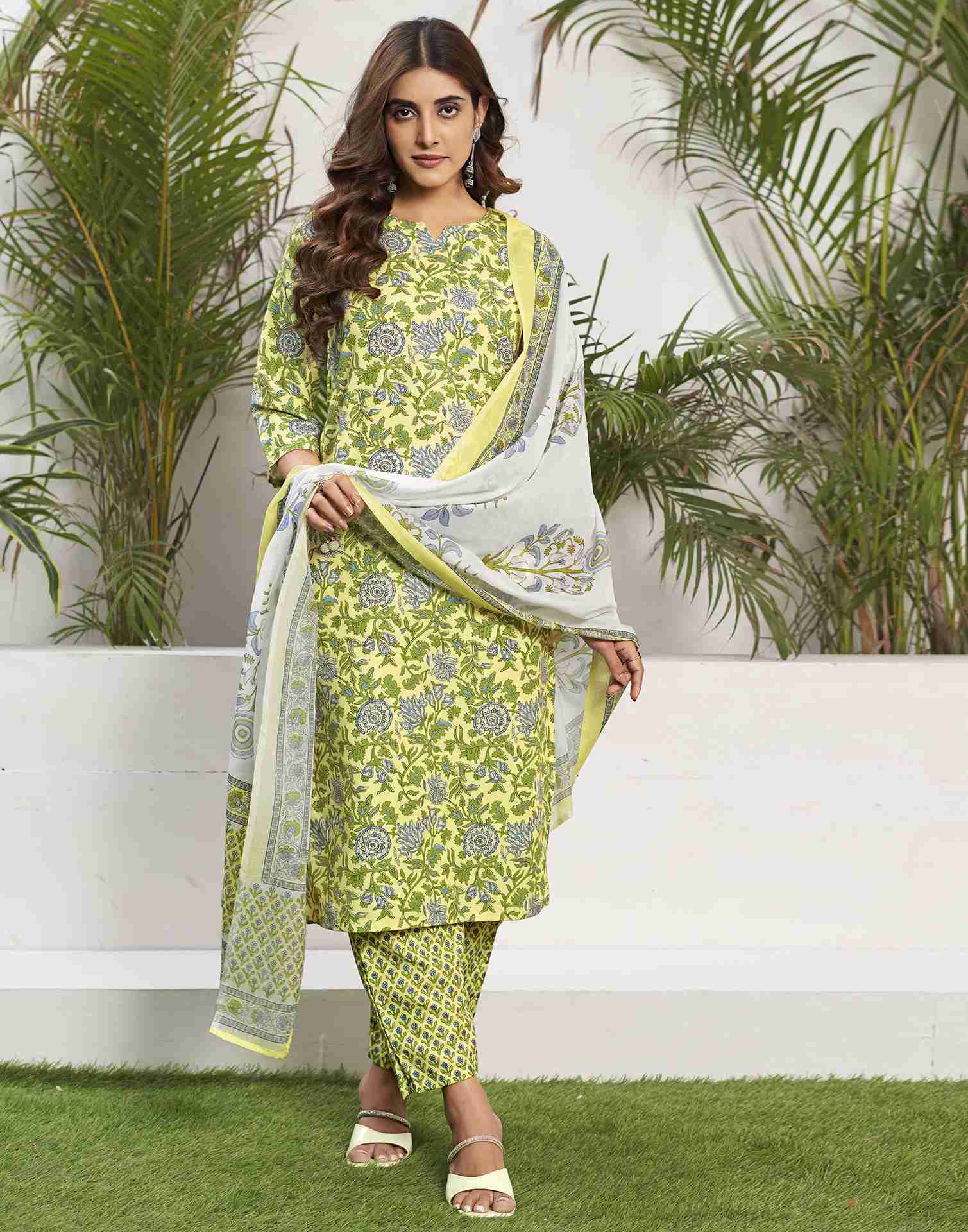 Light Lemon Yellow Printed Rayon Straight Kurta Set With Dupatta