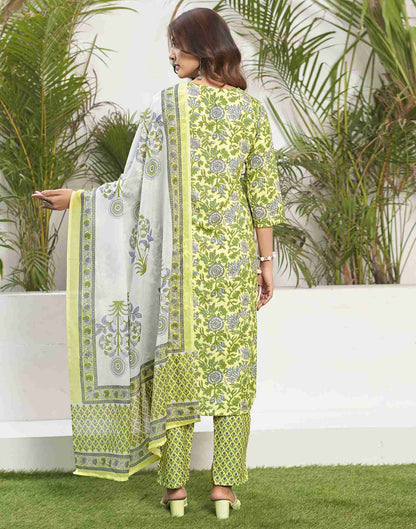 Light Lemon Yellow Printed Rayon Straight Kurta Set With Dupatta