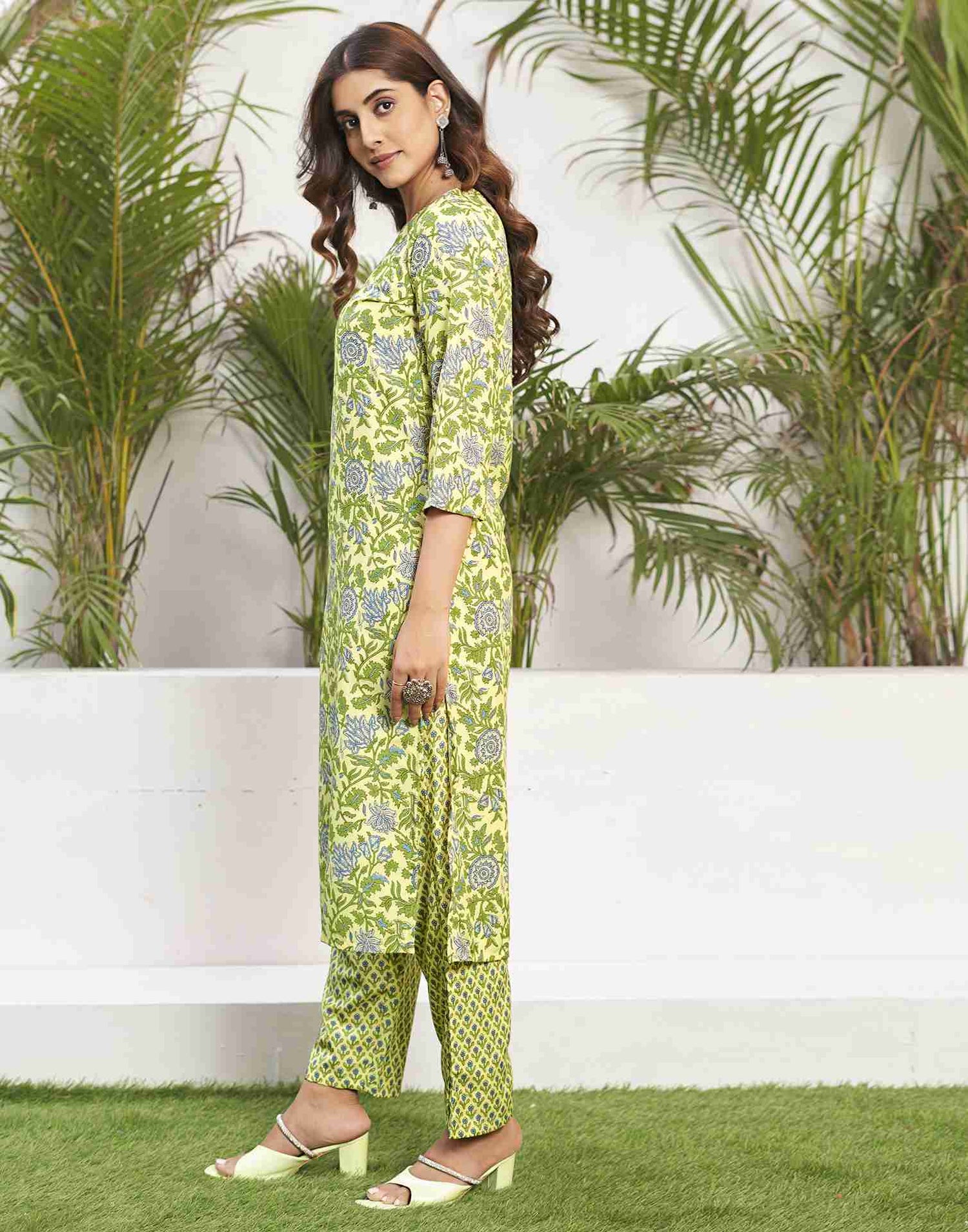 Light Lemon Yellow Printed Rayon Straight Kurta Set With Dupatta