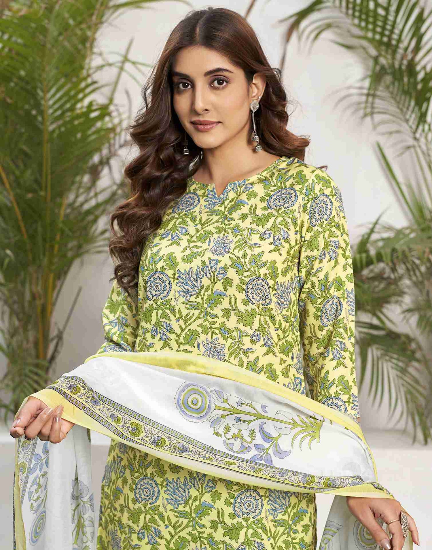 Light Lemon Yellow Printed Rayon Straight Kurta Set With Dupatta