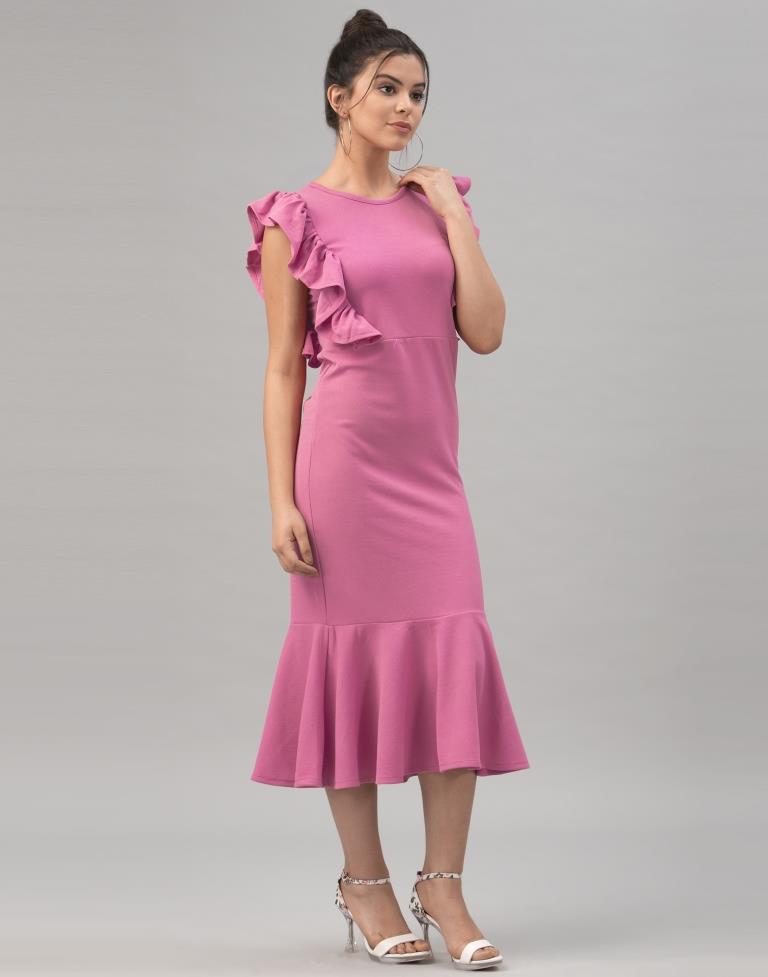 Mind Blowing Pink Coloured Knitted Lycra Dress | Sudathi