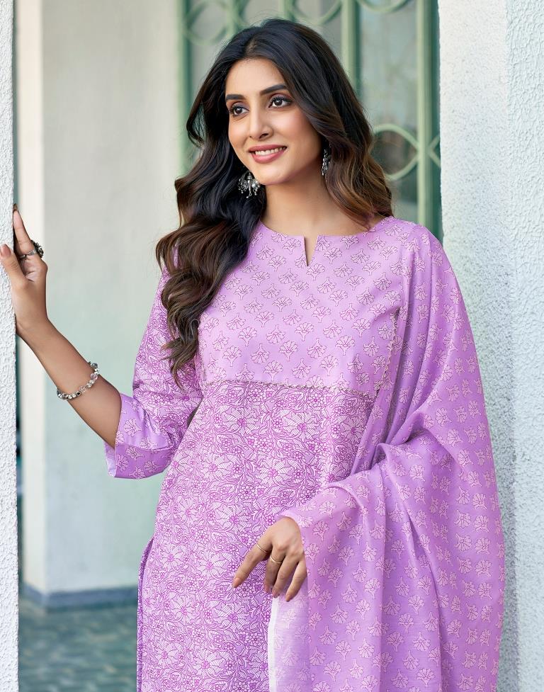 Lavender Rayon Printed Kurta Set With Dupatta