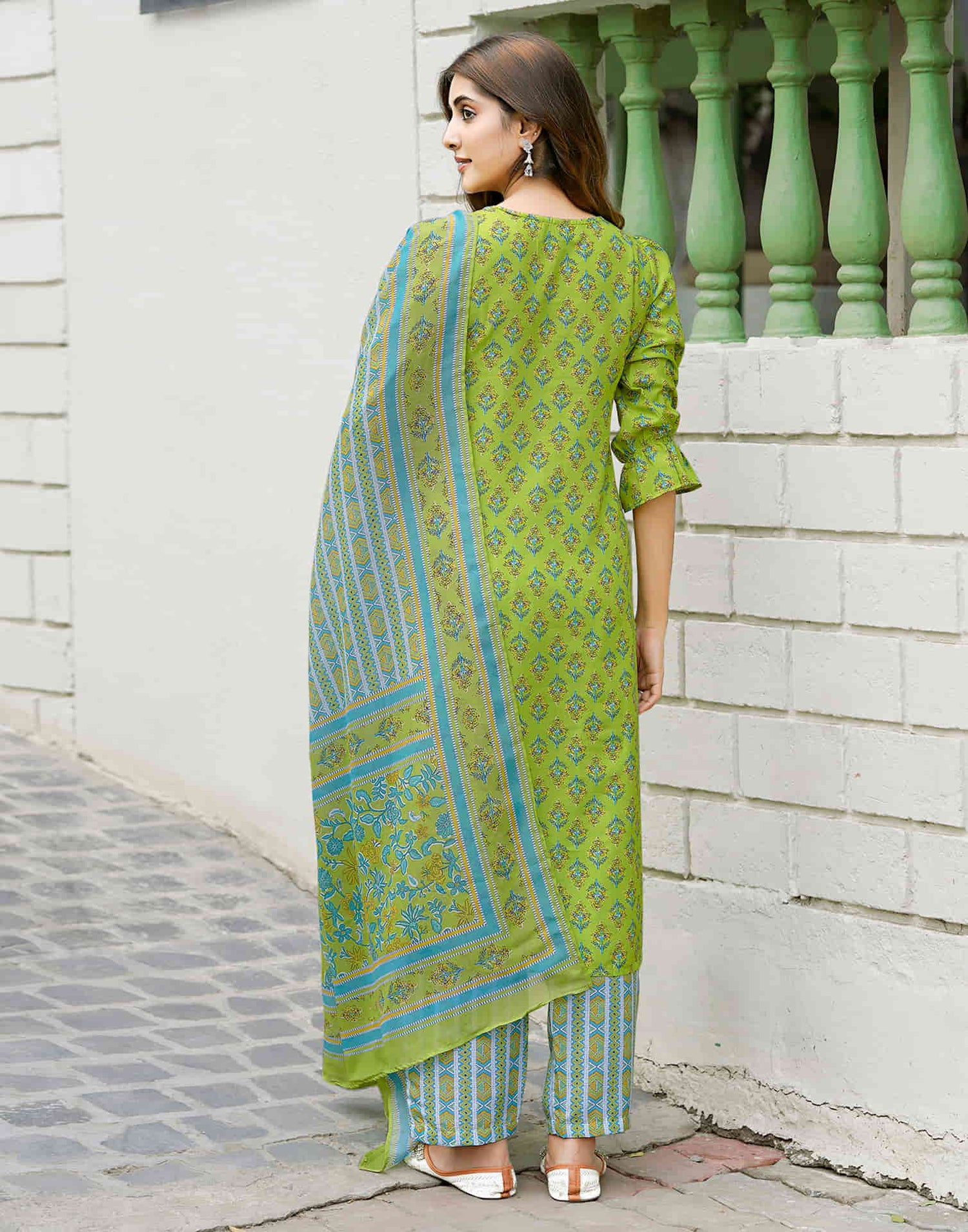 Light Green Printed Rayon Straight Kurta With Pant And Dupatta