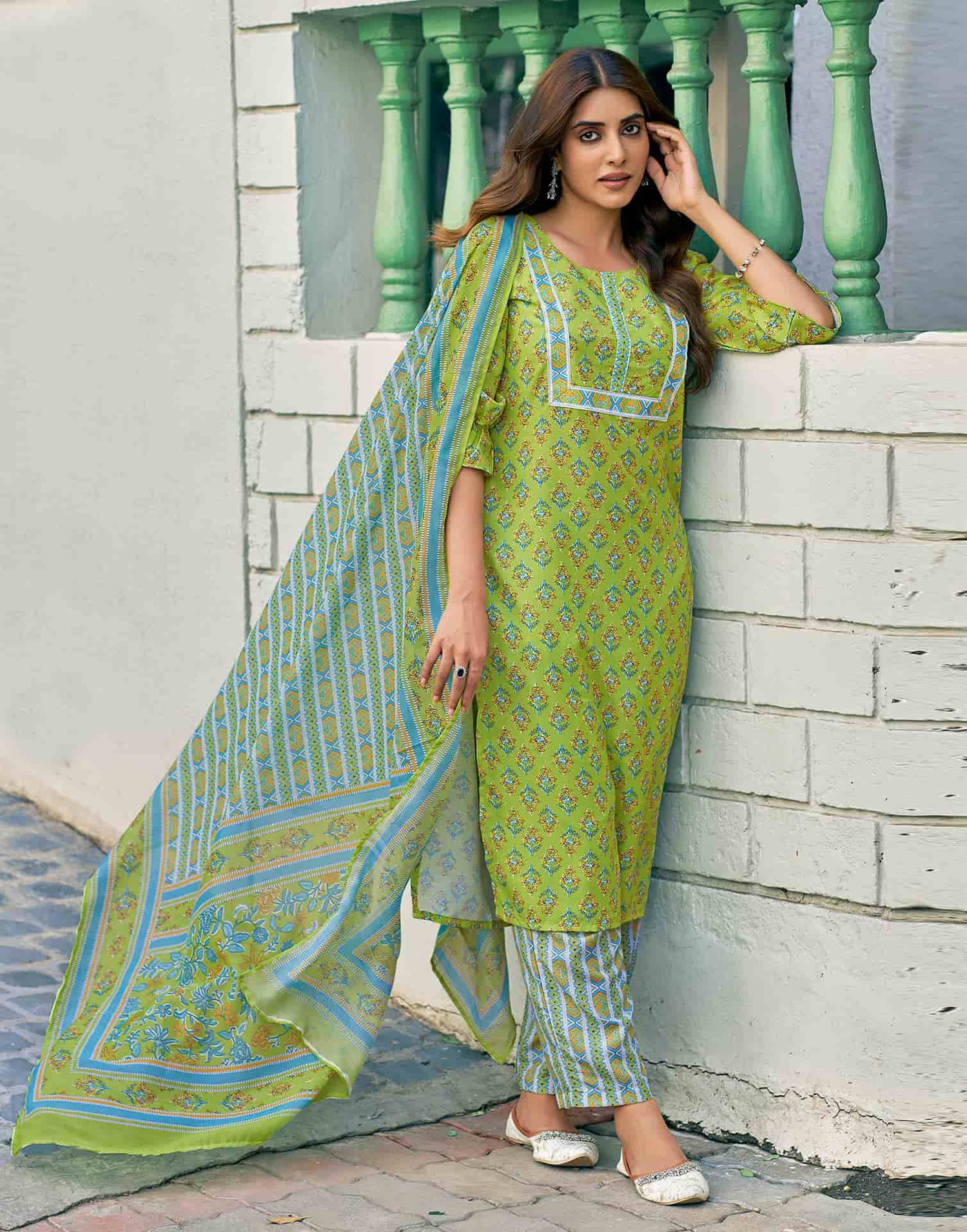 Light Green Printed Rayon Straight Kurta With Pant And Dupatta