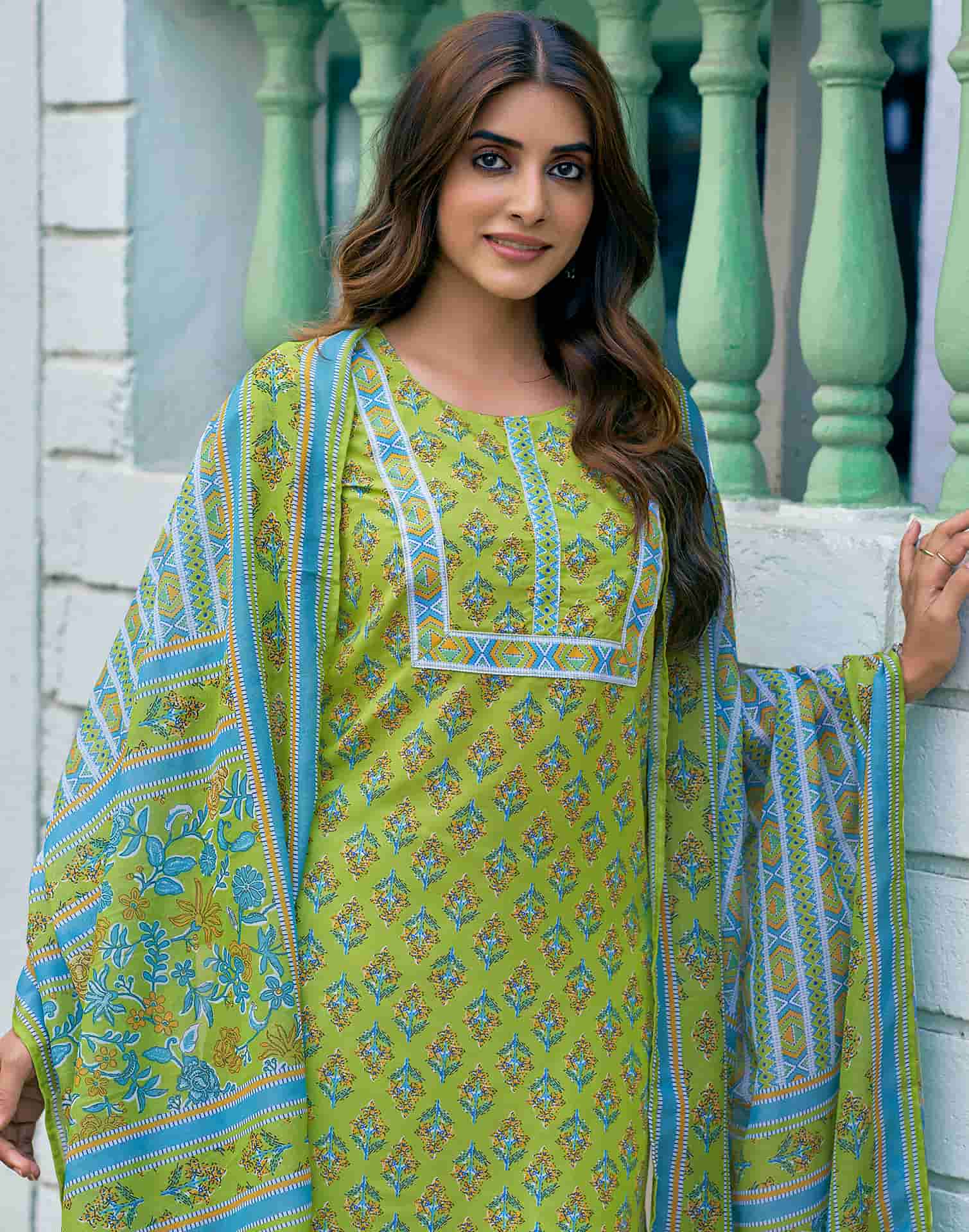 Light Green Printed Rayon Straight Kurta With Pant And Dupatta