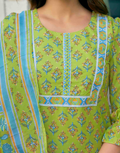 Light Green Printed Rayon Straight Kurta With Pant And Dupatta