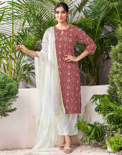 Chestnut Brown Cotton Printed Straight Kurta Set With Dupatta