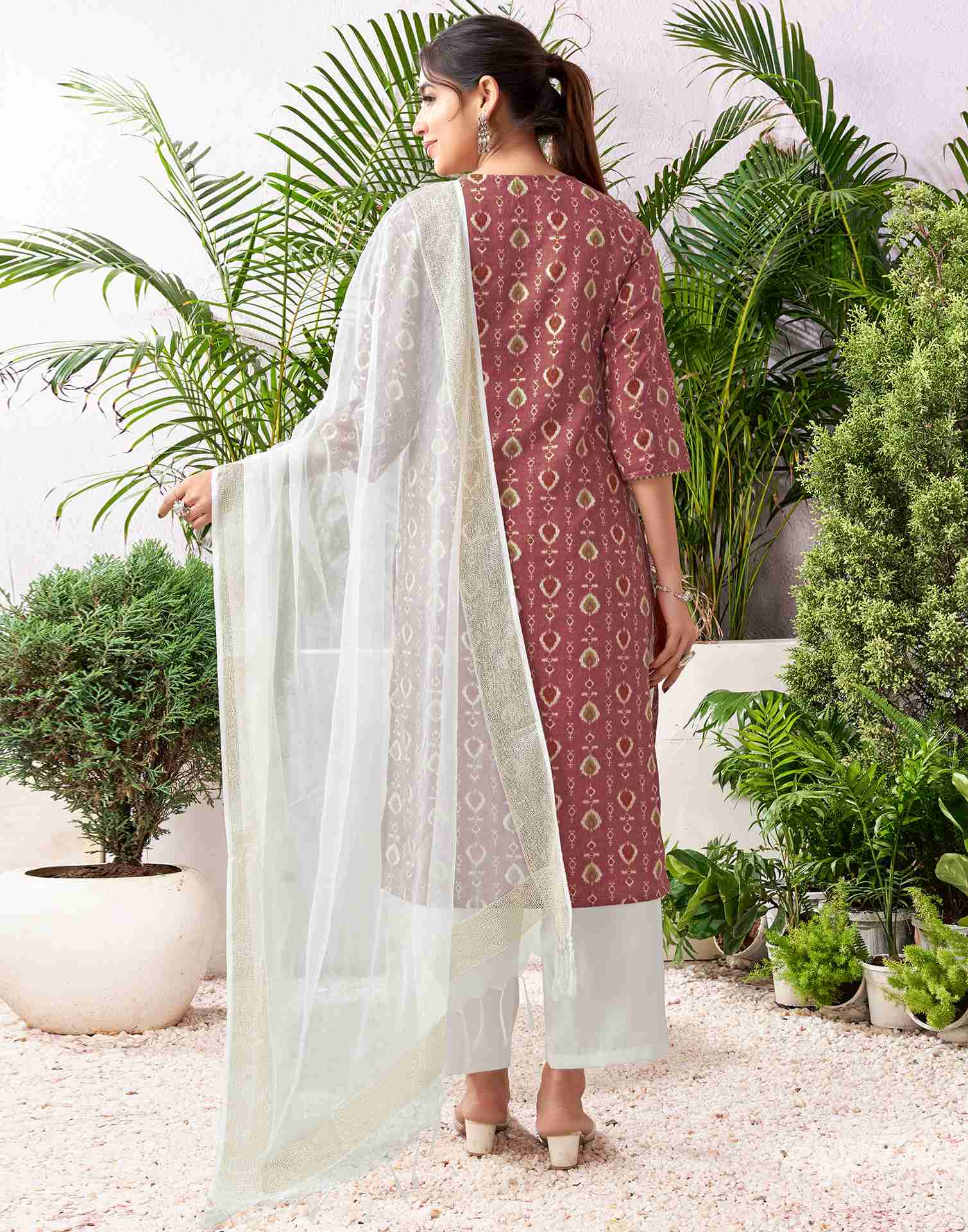 Chestnut Brown Cotton Printed Straight Kurta Set With Dupatta