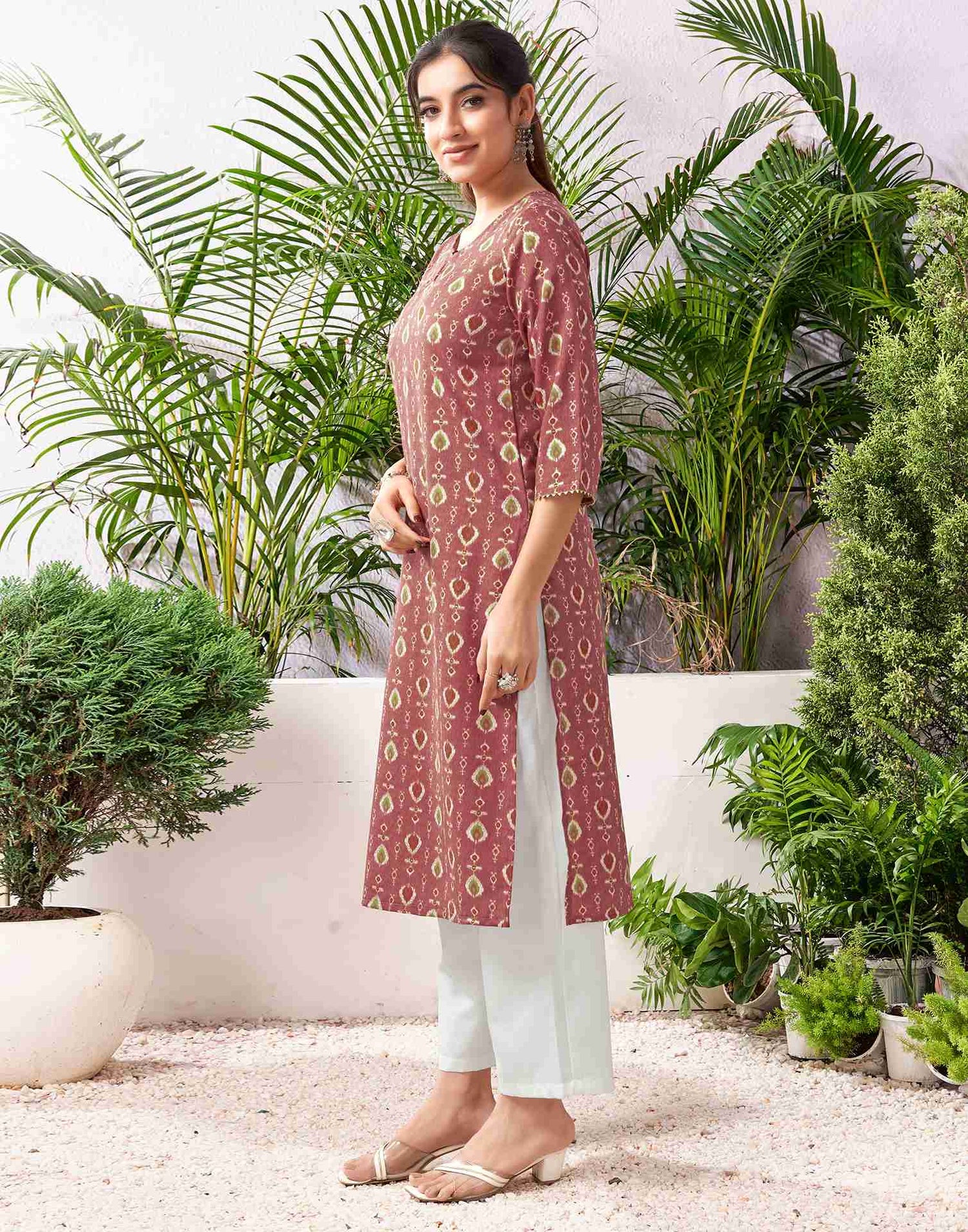 Chestnut Brown Cotton Printed Straight Kurta Set With Dupatta