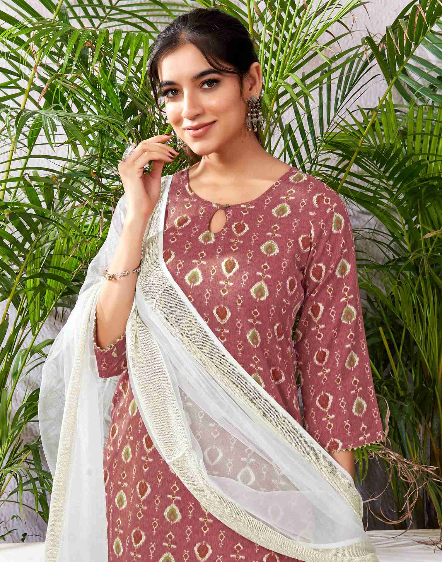 Chestnut Brown Cotton Printed Straight Kurta Set With Dupatta