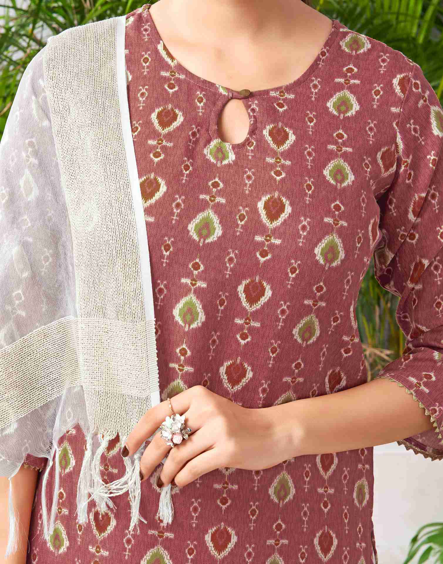 Chestnut Brown Cotton Printed Straight Kurta Set With Dupatta