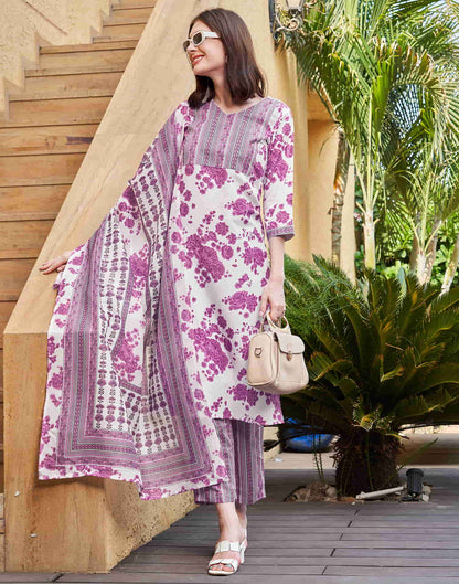 White Printed Rayon Straight Kurta With Pant And Dupatta