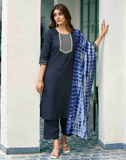 Navy Blue Embroidery Cotton Straight Kurta Set With Dupatta