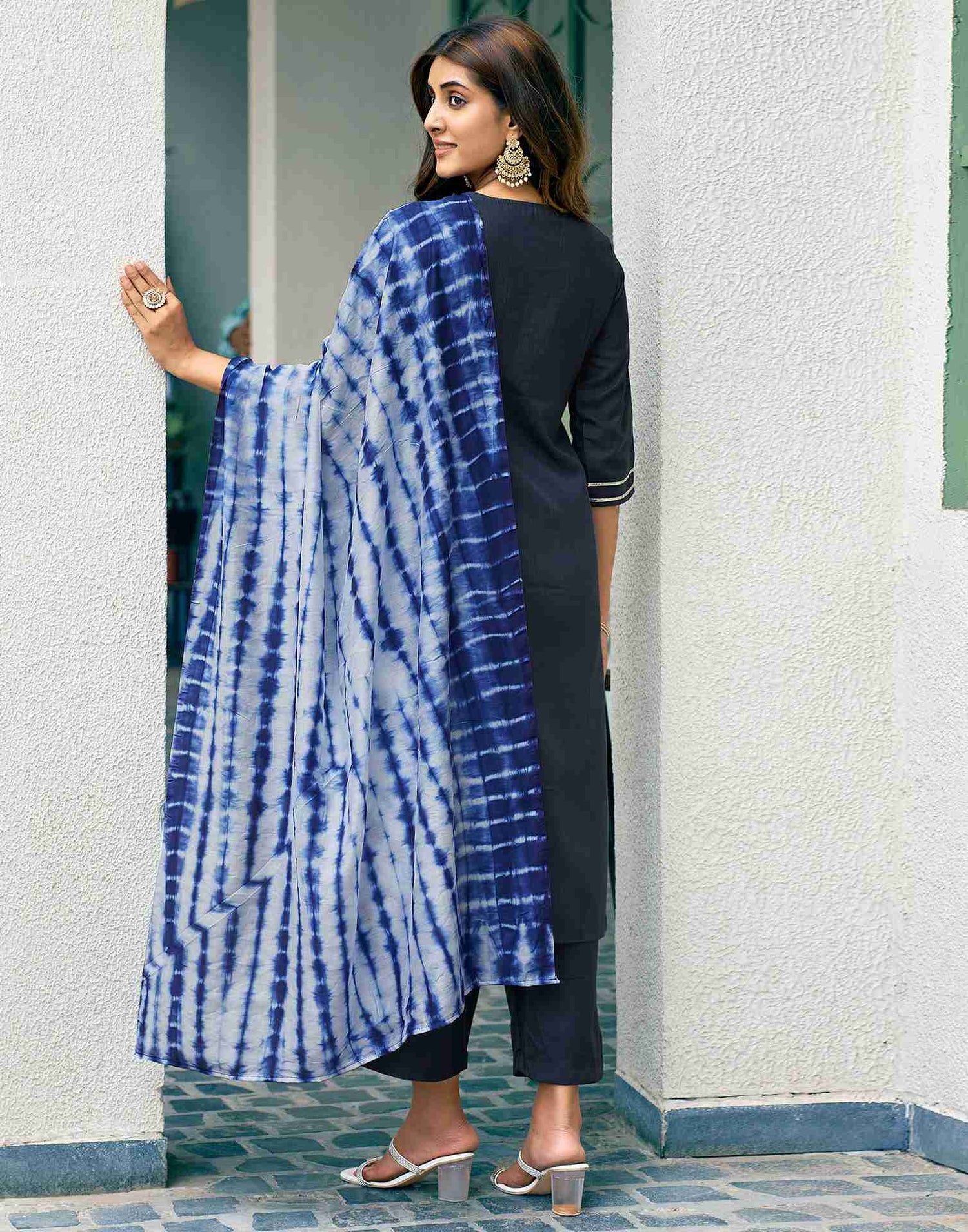 Navy Blue Embroidery Cotton Straight Kurta Set With Dupatta