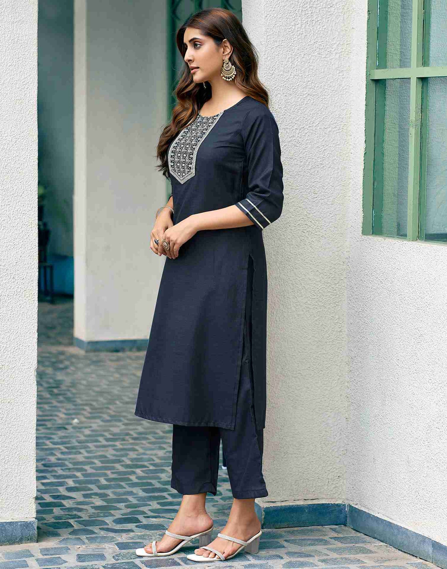 Navy Blue Embroidery Cotton Straight Kurta Set With Dupatta