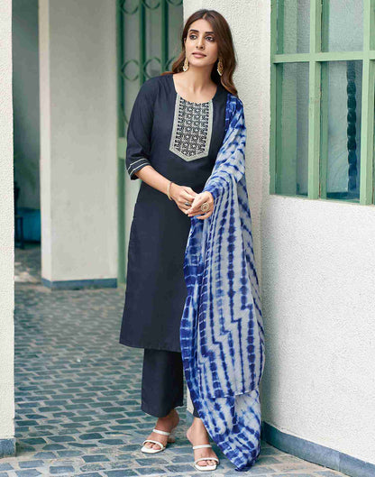 Navy Blue Embroidery Cotton Straight Kurta Set With Dupatta