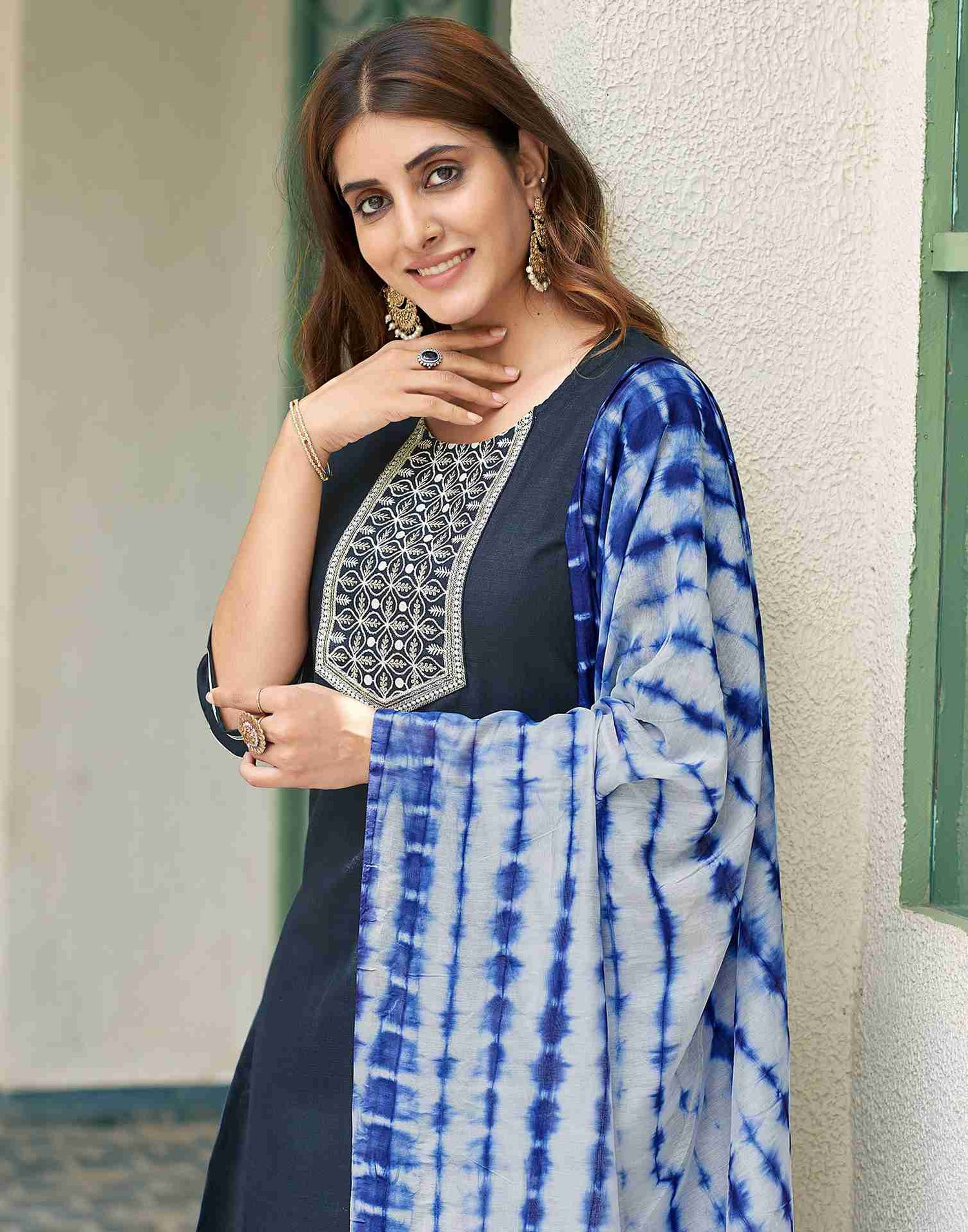 Navy Blue Embroidery Cotton Straight Kurta Set With Dupatta