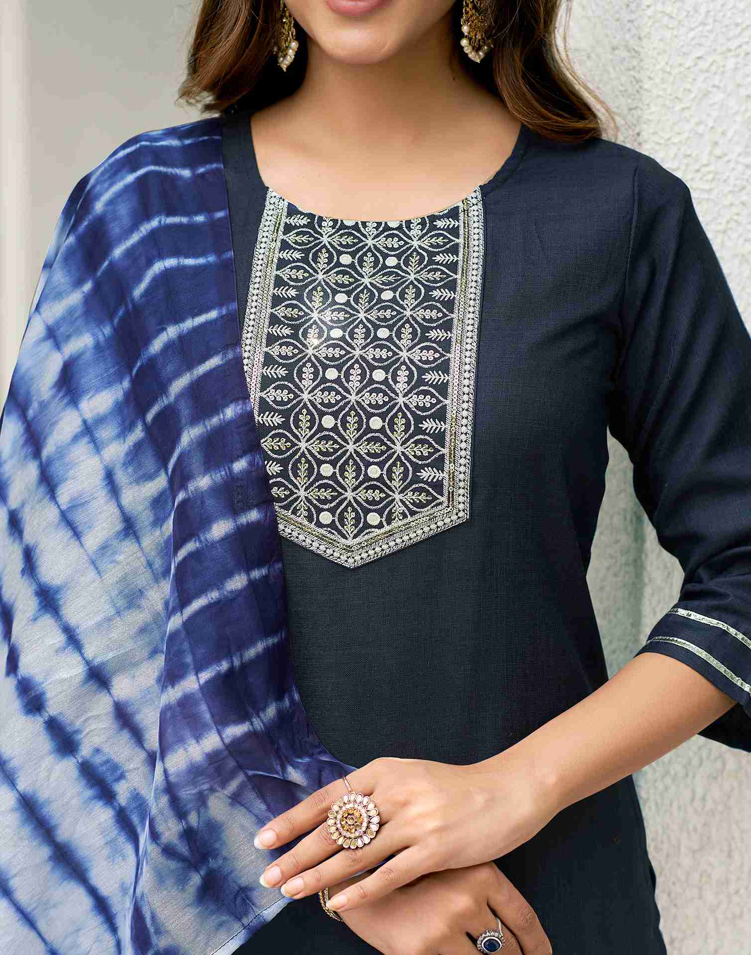 Navy Blue Embroidery Cotton Straight Kurta Set With Dupatta