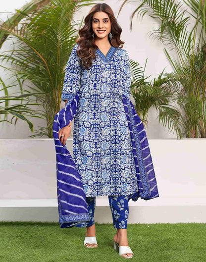 Blue Printed Rayon Straight Kurta With Pant And Dupatta