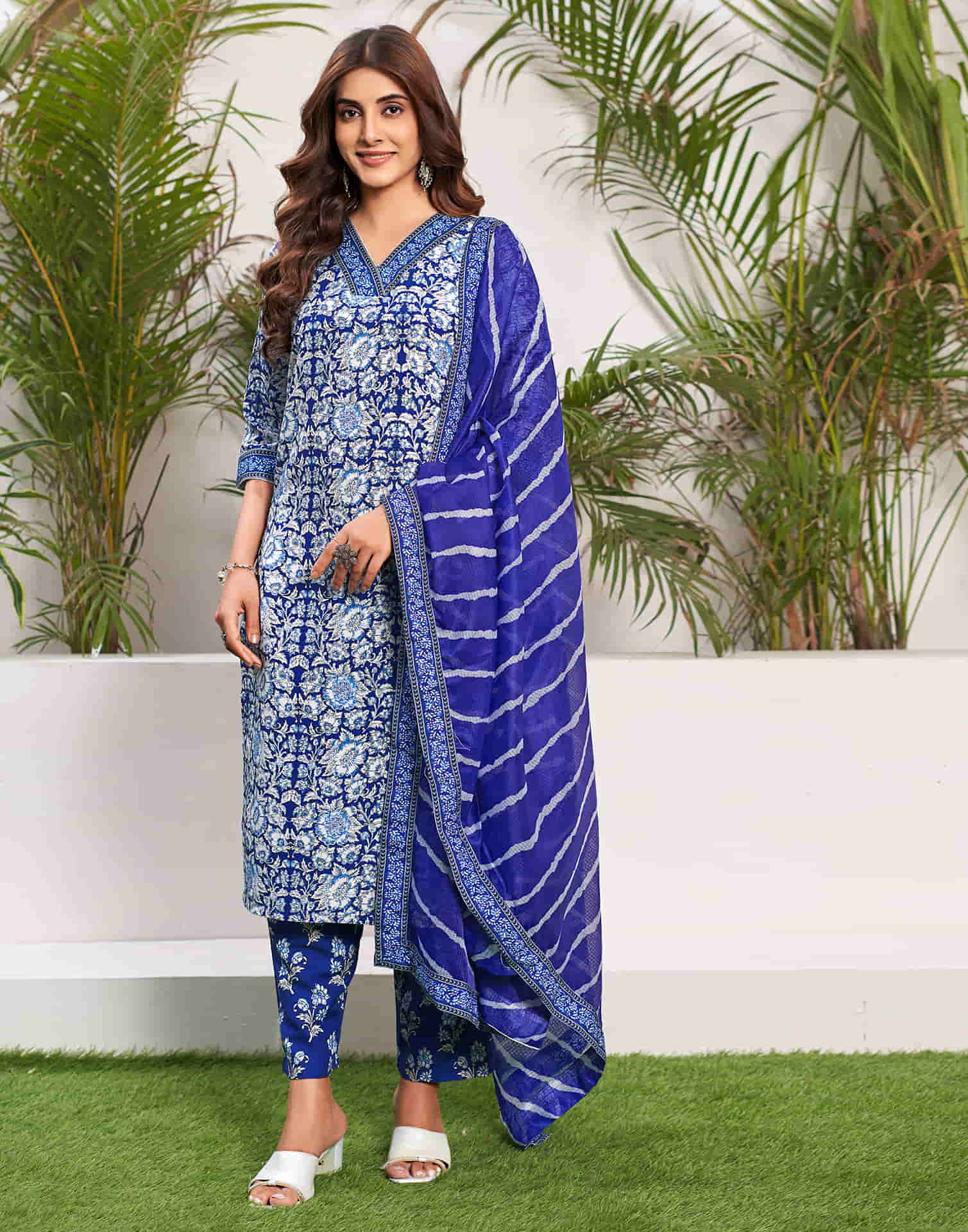 Blue Printed Rayon Straight Kurta With Pant And Dupatta