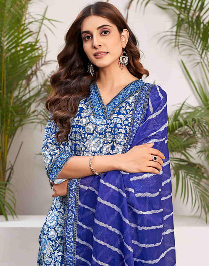 Blue Printed Rayon Straight Kurta With Pant And Dupatta