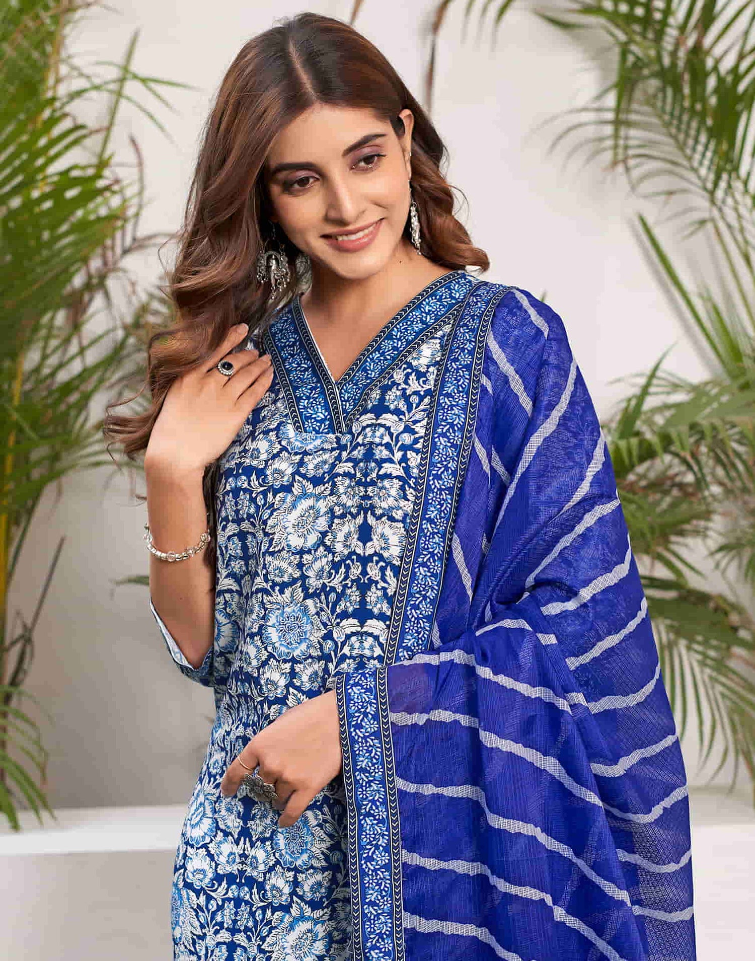 Blue Printed Rayon Straight Kurta With Pant And Dupatta