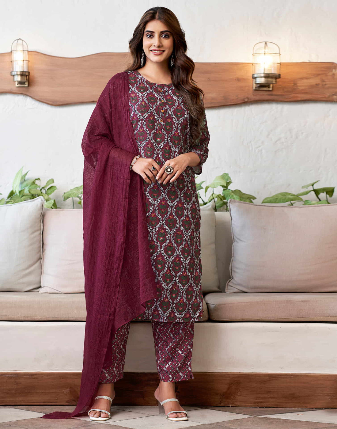 Dark Maroon Printed Rayon Straight Kurta With Pant And Dupatta