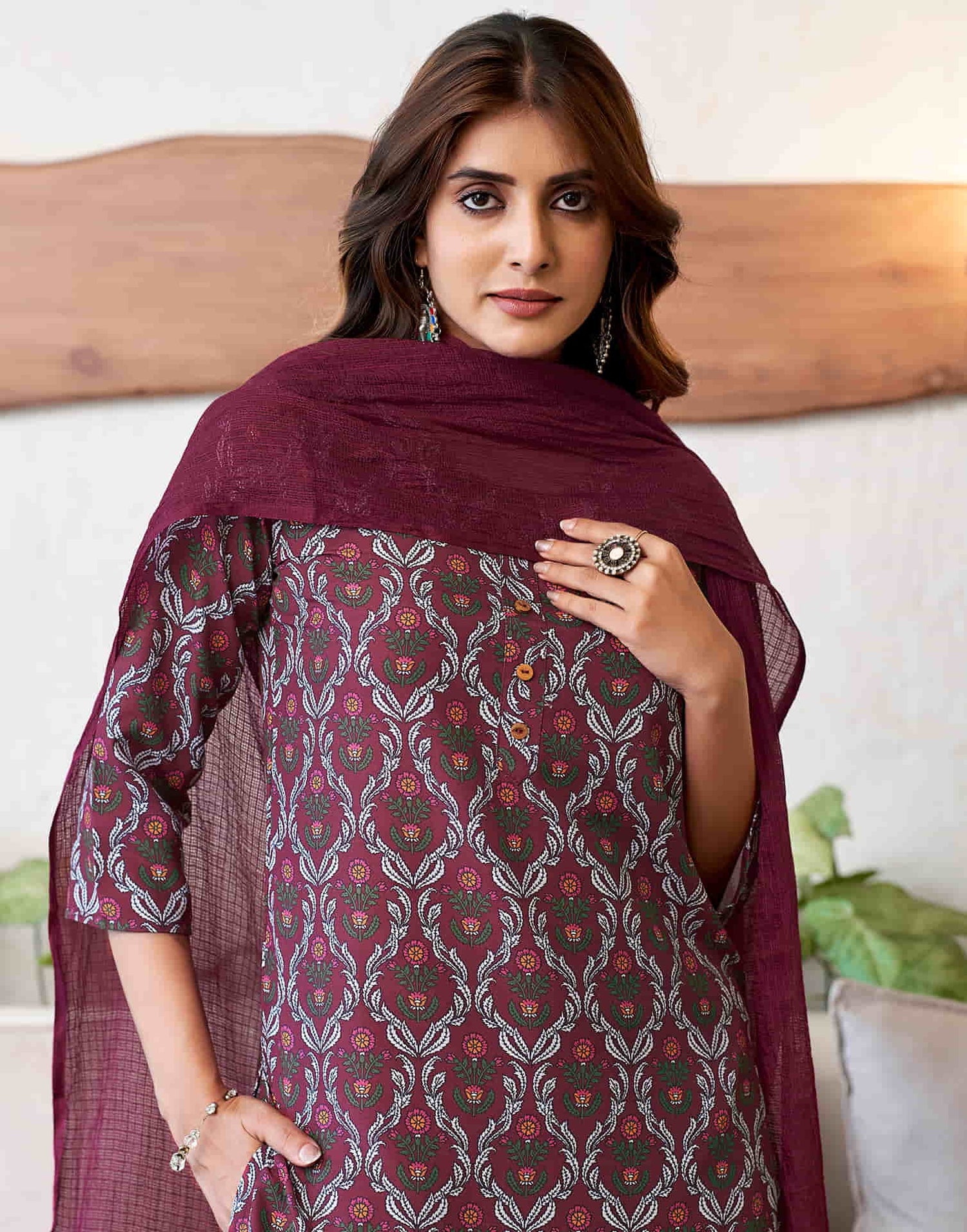 Dark Maroon Printed Rayon Straight Kurta With Pant And Dupatta