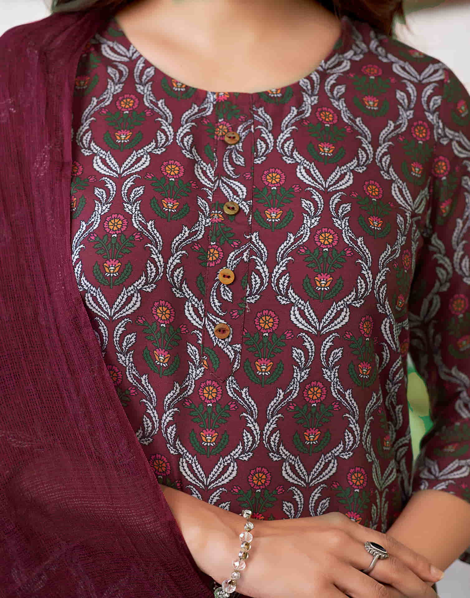 Dark Maroon Printed Rayon Straight Kurta With Pant And Dupatta