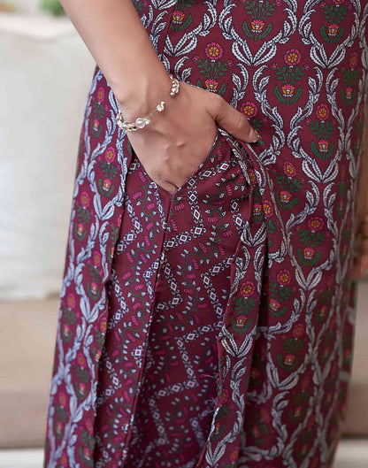 Dark Maroon Printed Rayon Straight Kurta With Pant And Dupatta