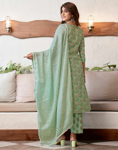 Pista Green Printed Rayon Straight Kurta With Pant And Dupatta