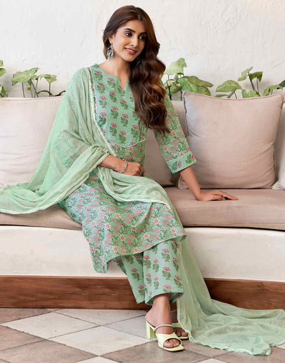 Pista Green Printed Rayon Straight Kurta With Pant And Dupatta