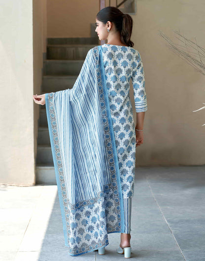 White Printed Rayon Straight Kurta With Pant And Dupatta