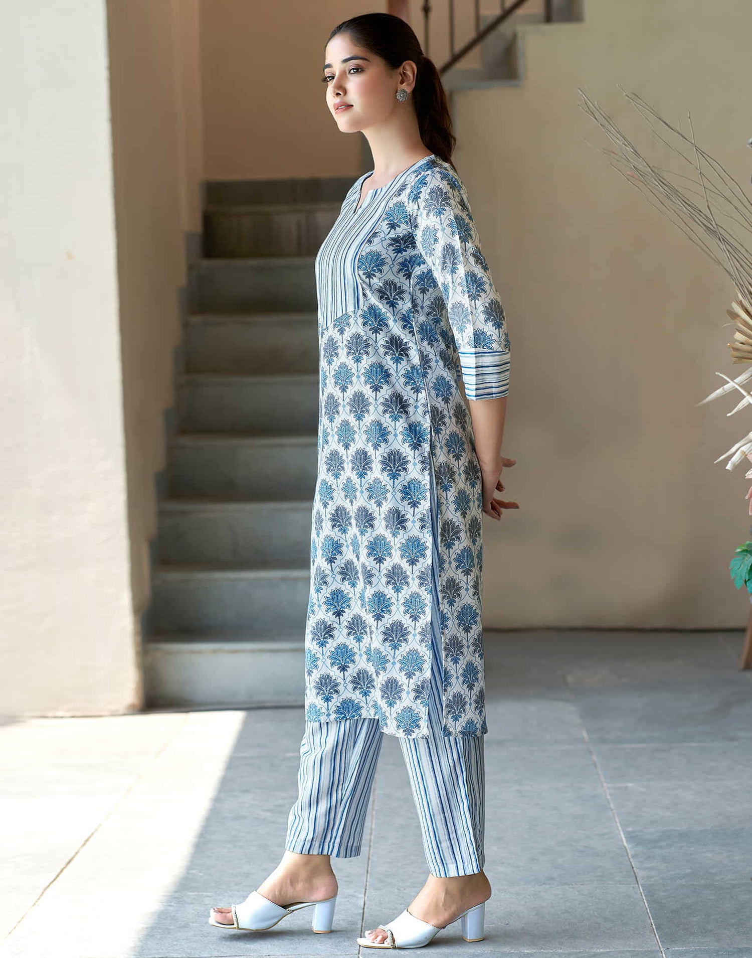 White Printed Rayon Straight Kurta With Pant And Dupatta