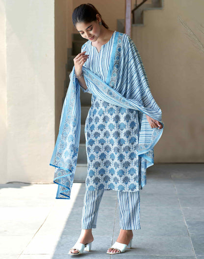 White Printed Rayon Straight Kurta With Pant And Dupatta