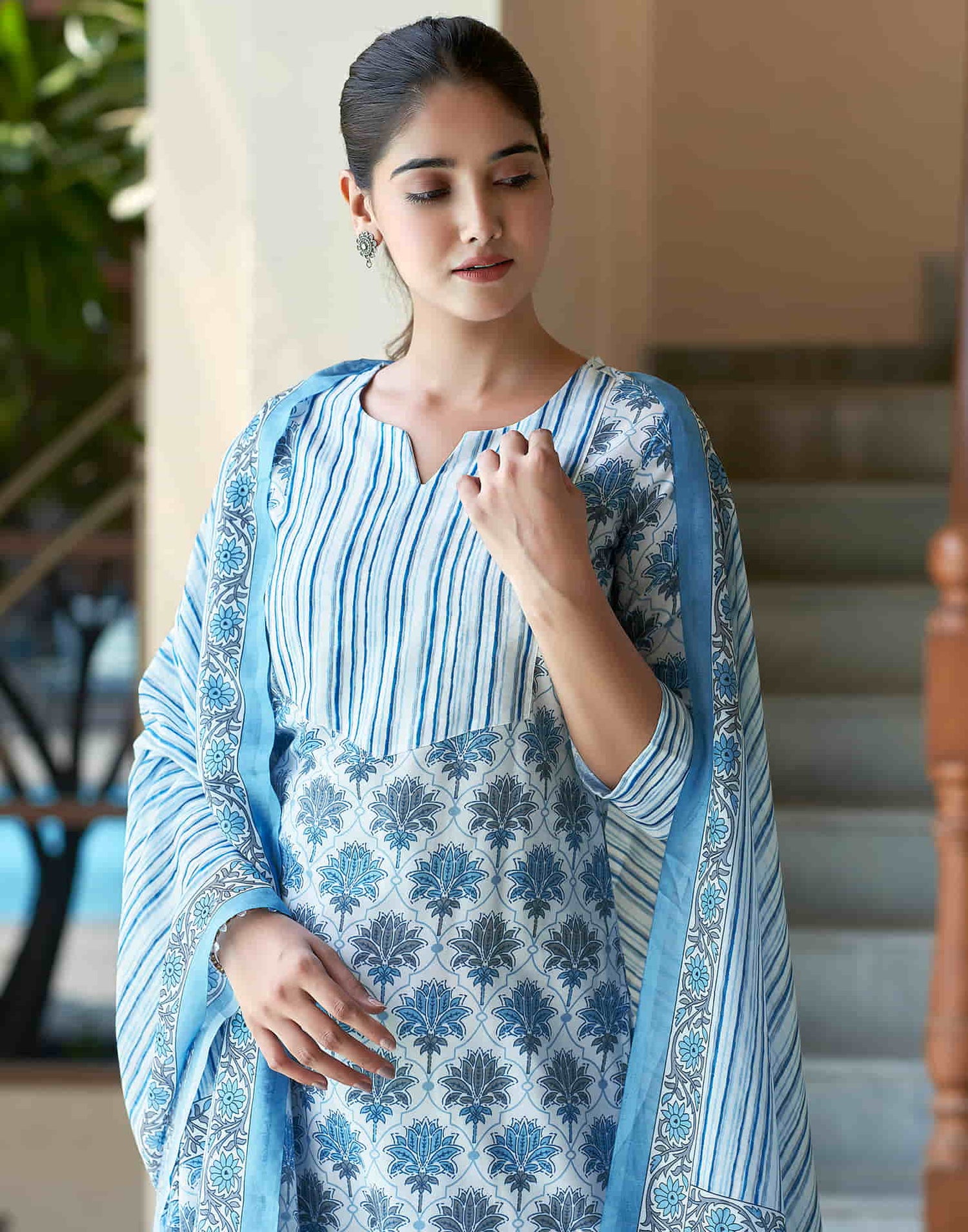 White Printed Rayon Straight Kurta With Pant And Dupatta