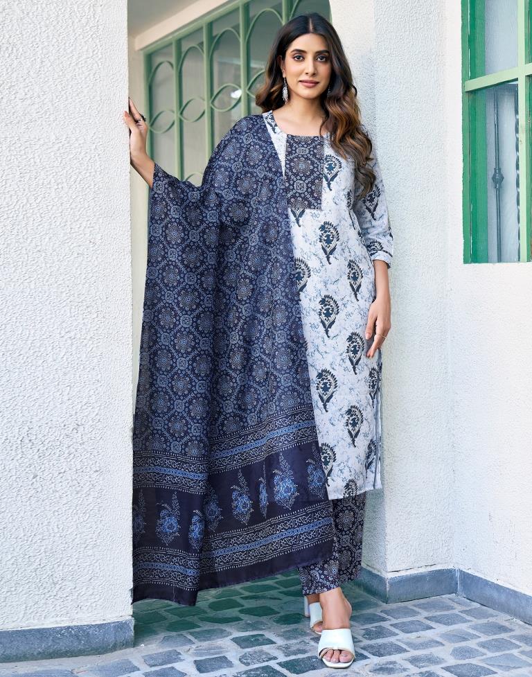 Blue Rayon Printed Kurta Set With Dupatta