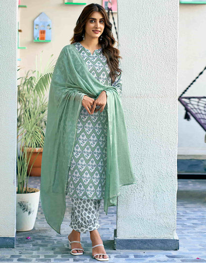 Light Dusty Green Printed Rayon Straight Kurta With Pant And Dupatta