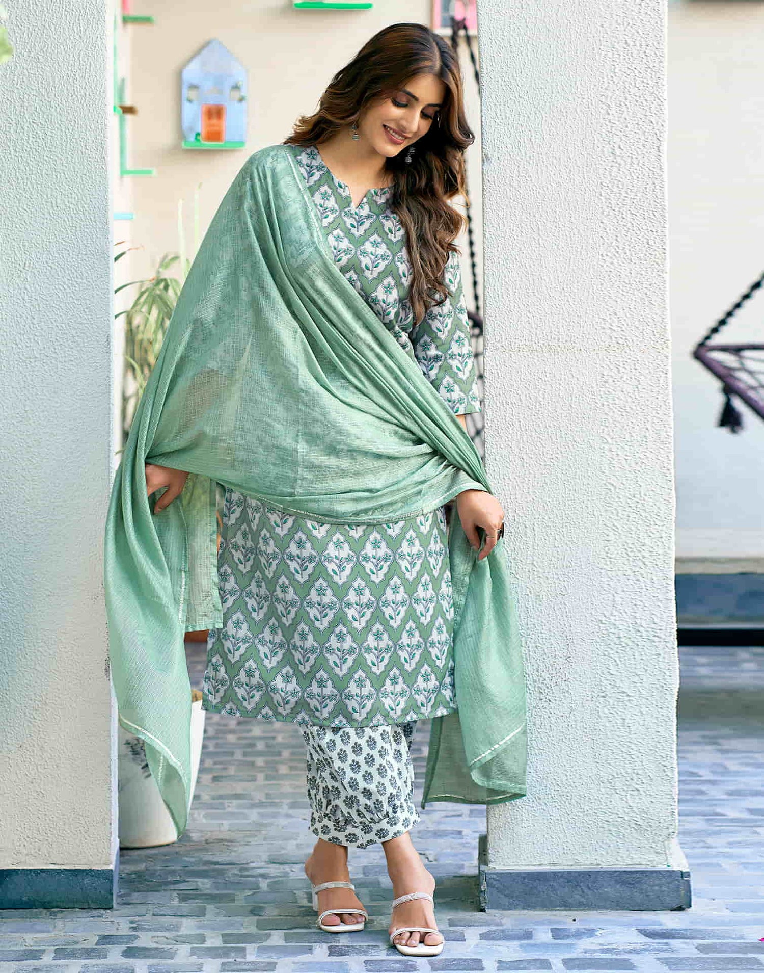 Light Dusty Green Printed Rayon Straight Kurta With Pant And Dupatta