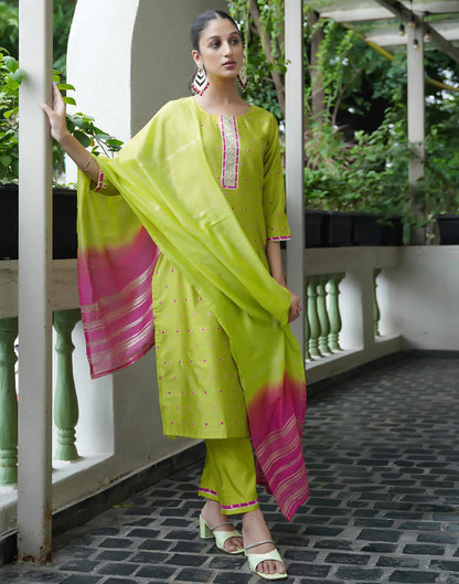 Lime Green Silk Woven Straight Kurta Set With Dupatta