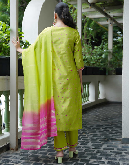 Lime Green Silk Woven Straight Kurta Set With Dupatta