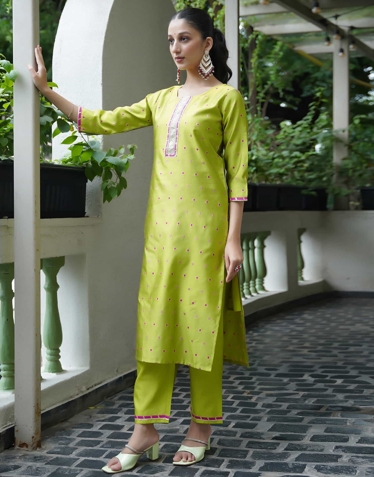 Lime Green Silk Woven Straight Kurta Set With Dupatta