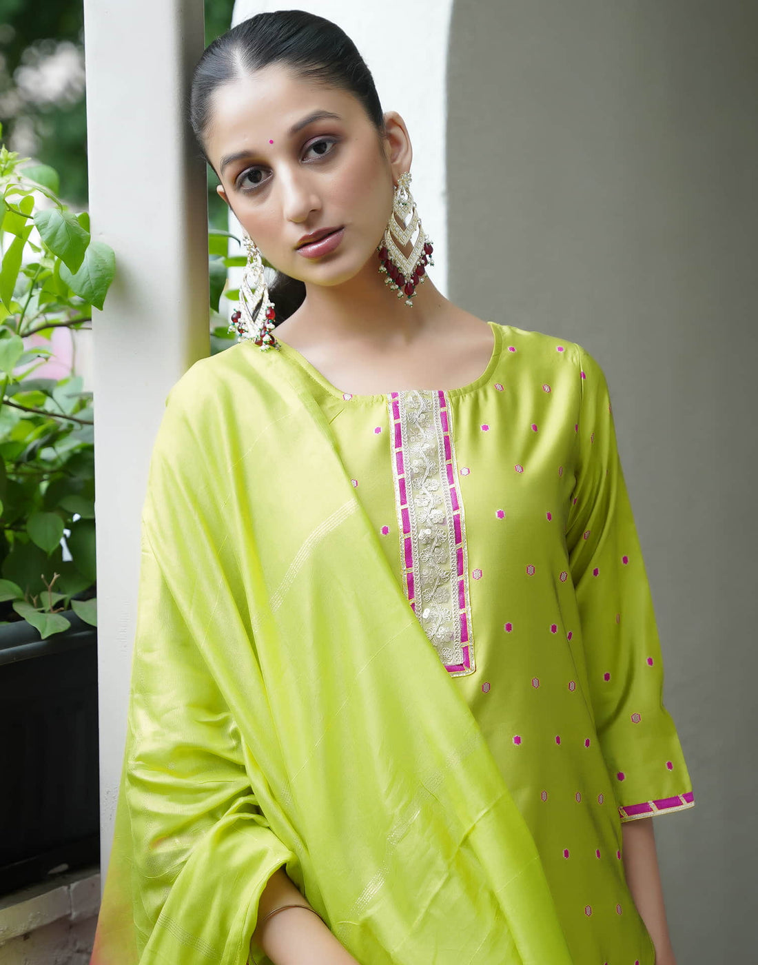 Lime Green Silk Woven Straight Kurta Set With Dupatta