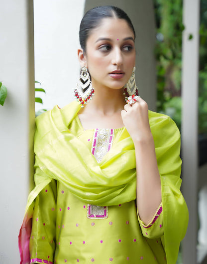 Lime Green Silk Woven Straight Kurta Set With Dupatta