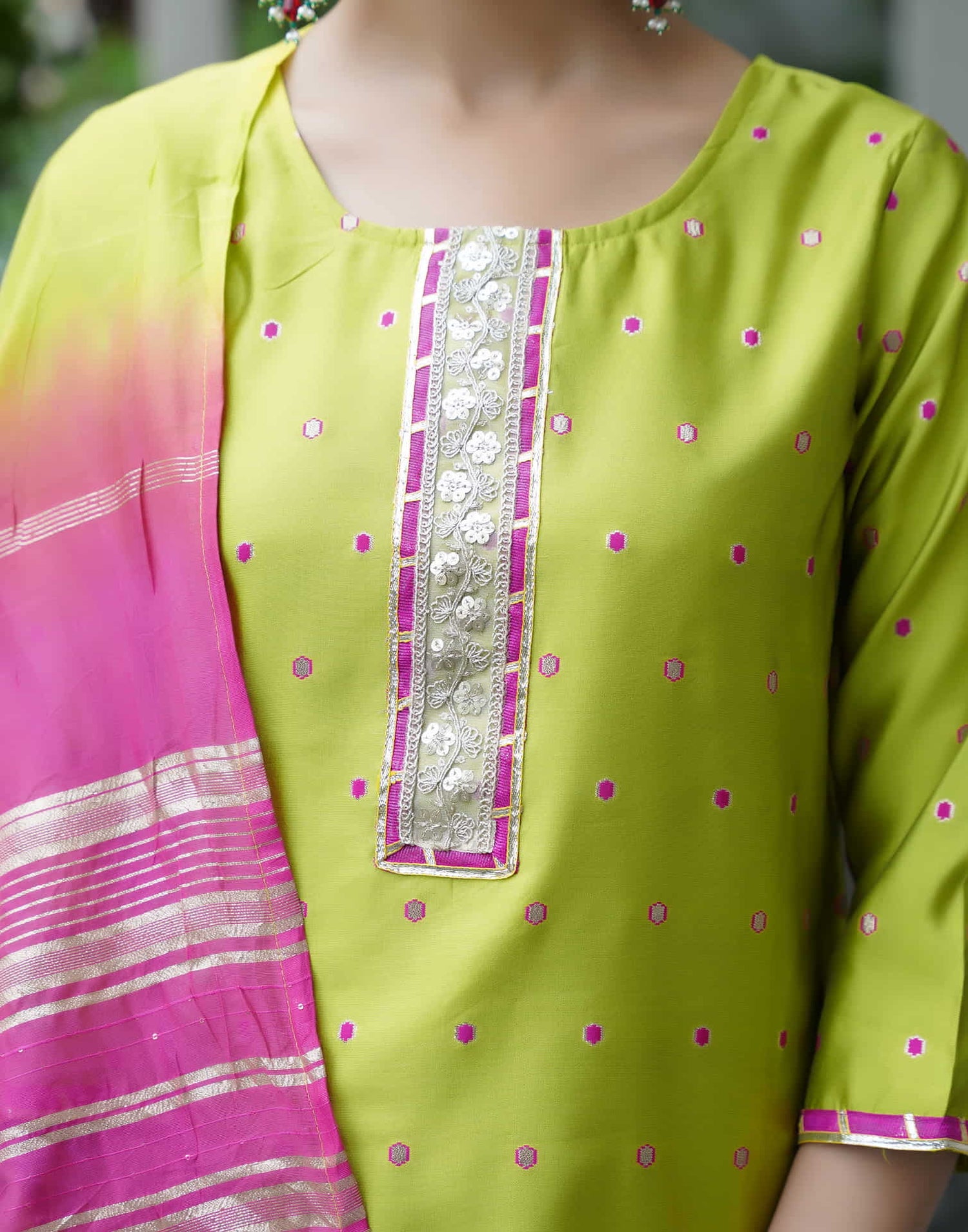 Lime Green Silk Woven Straight Kurta Set With Dupatta