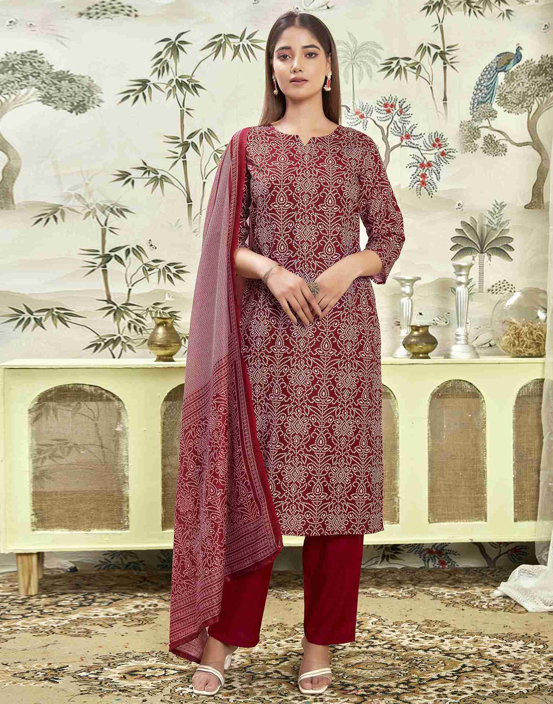 Maroon Printed Rayon Straight Kurta Set With Dupatta