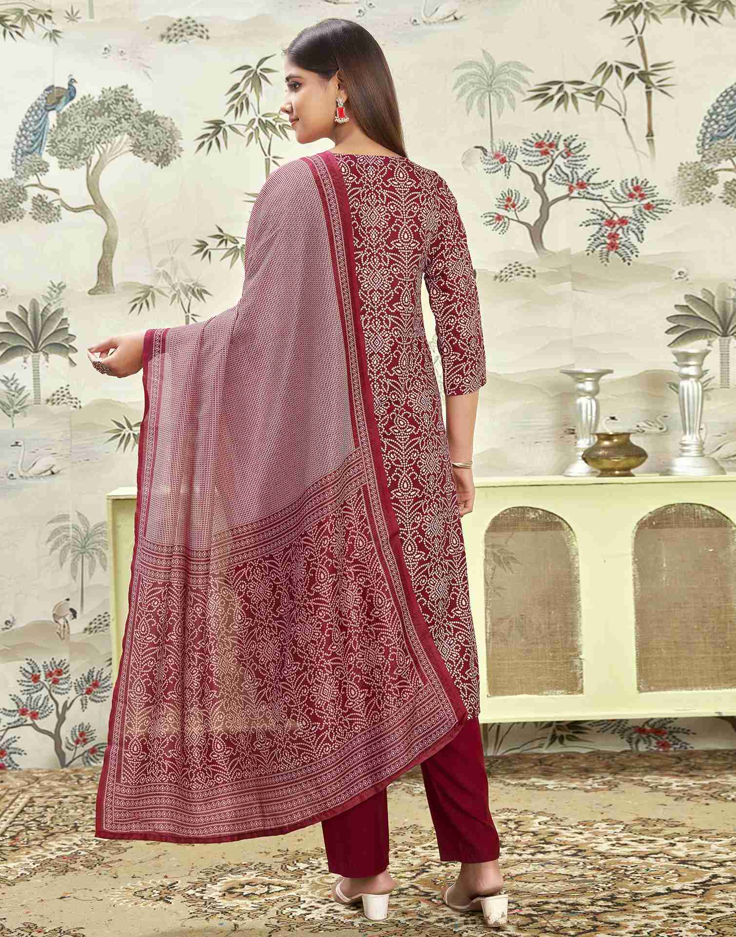 Maroon Printed Rayon Straight Kurta Set With Dupatta