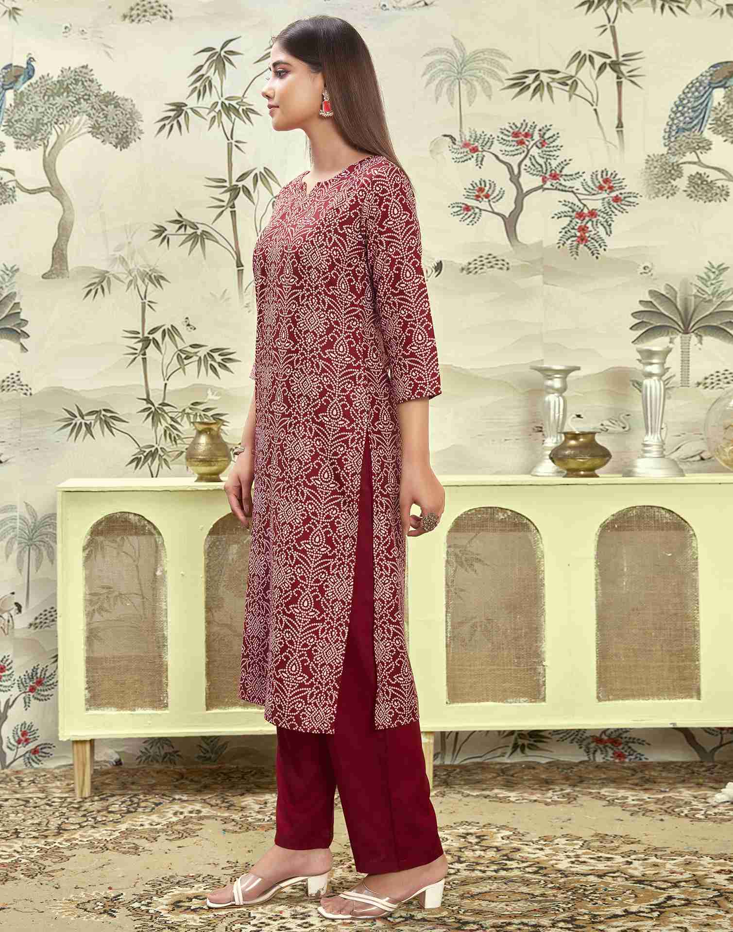 Maroon Printed Rayon Straight Kurta Set With Dupatta