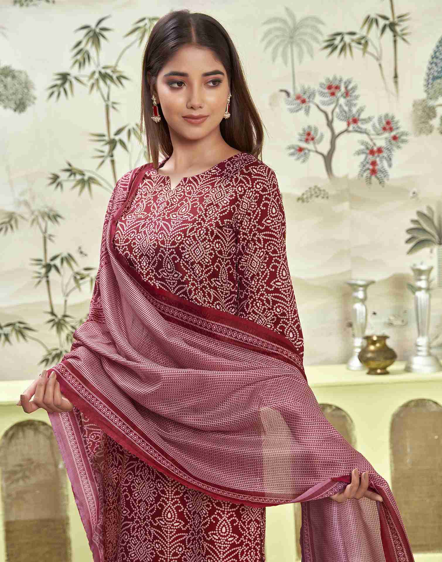 Maroon Printed Rayon Straight Kurta Set With Dupatta