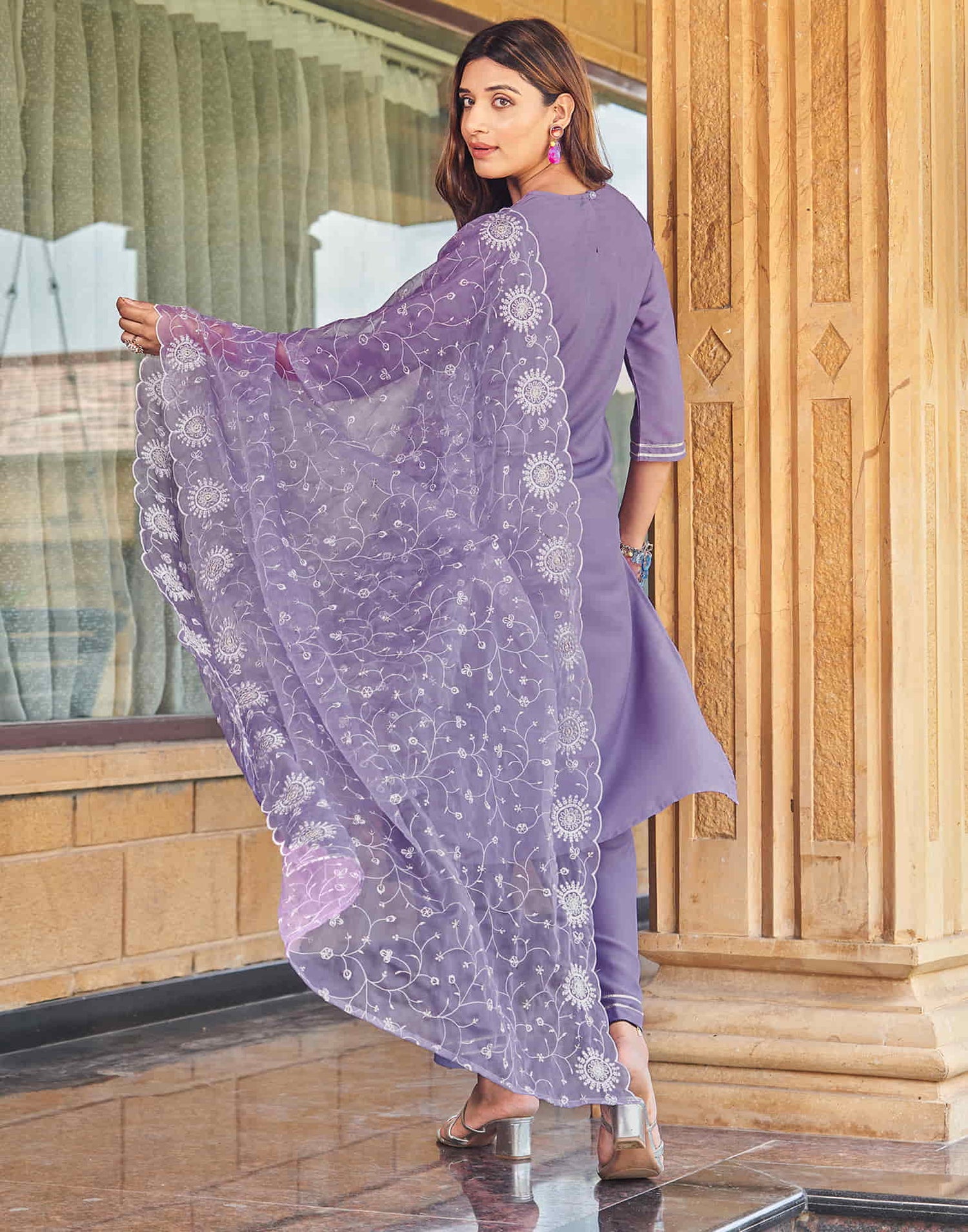 Lavender Sequence Cotton Straight Kurta With Pant And Dupatta